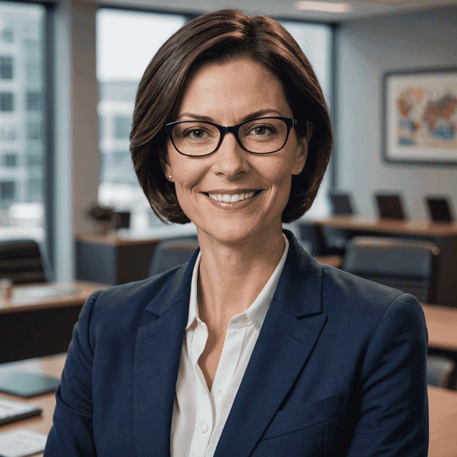 Portrait of Jane Doe, a woman in her mid-40s with short dark hair and glasses, wearing a professional navy blue blazer, smiling confidently at the camera. The background suggests an office setting.