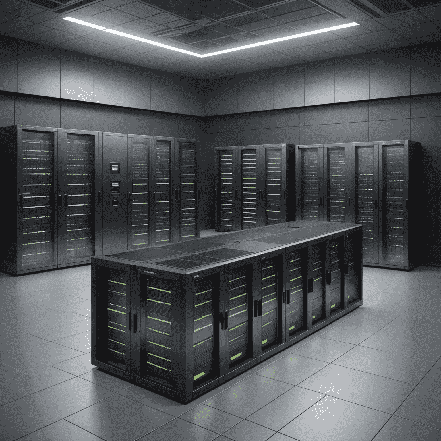 Illustration of a secure data center with multiple layers of protection, including firewalls, encryption, and access controls