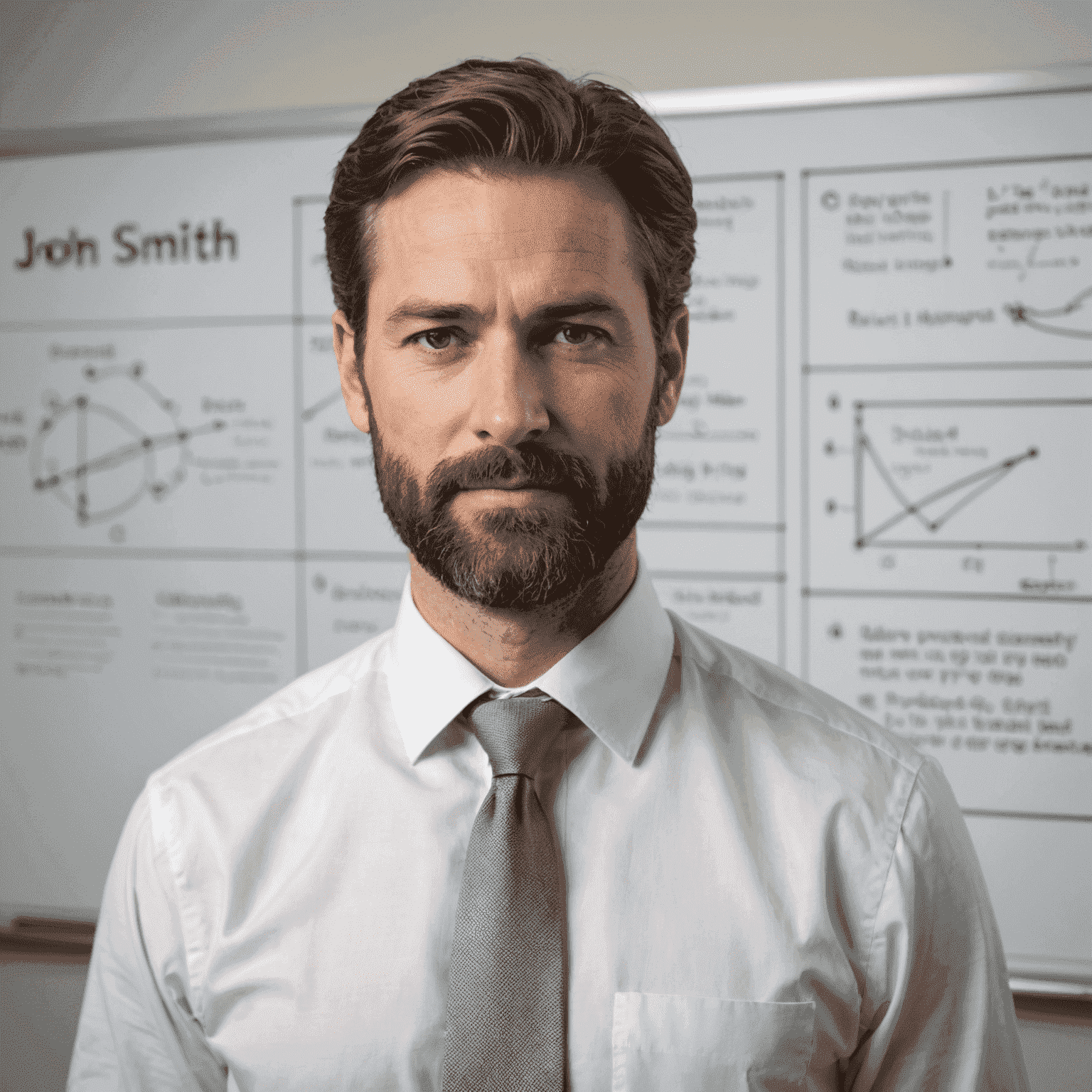 Portrait of John Smith, a man in his late 30s with a well-trimmed beard, wearing a crisp white shirt and grey tie. He has a friendly expression and is standing in front of a whiteboard with diagrams.