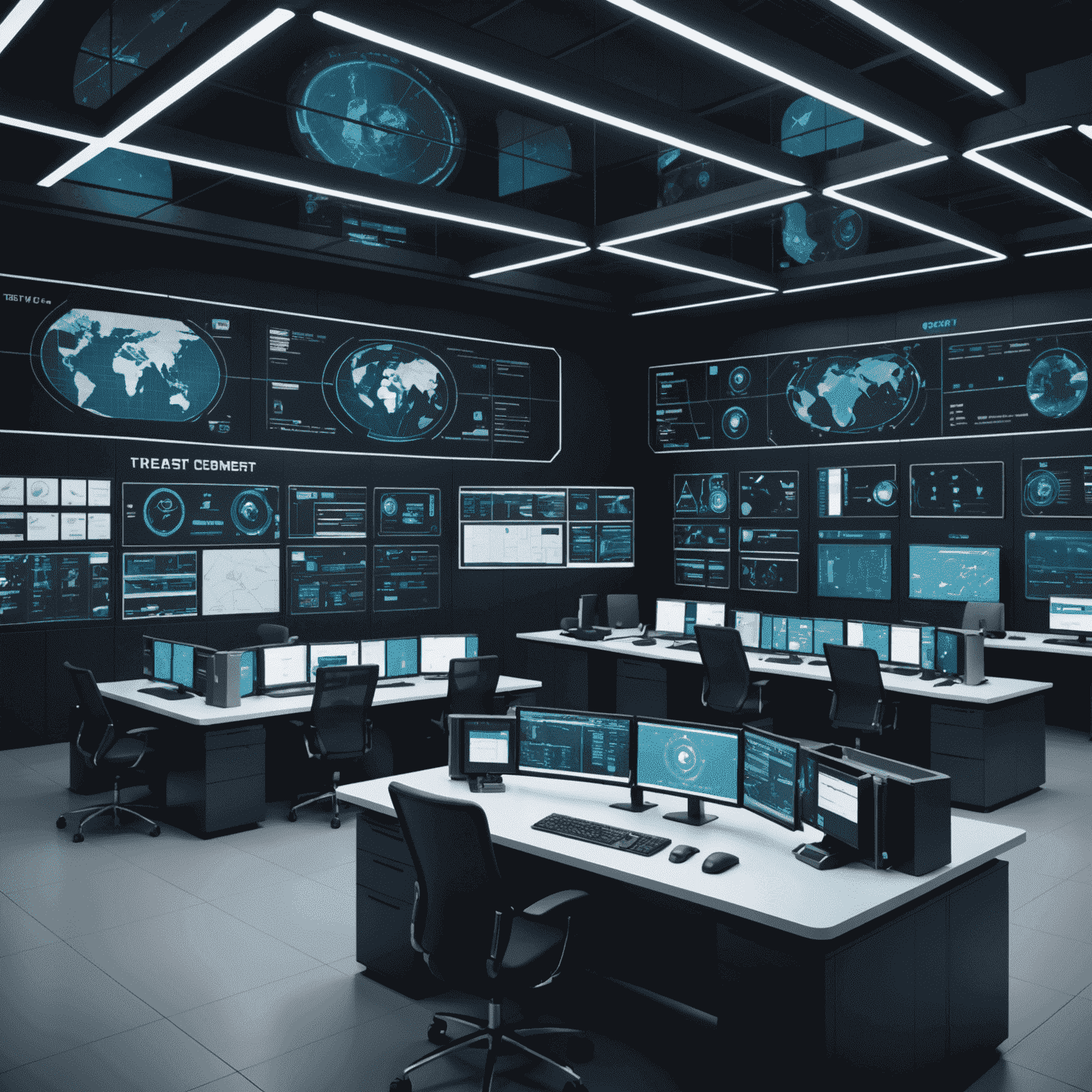 A futuristic security operations center showcasing innovative technologies like AI-powered threat detection systems and automated incident response platforms